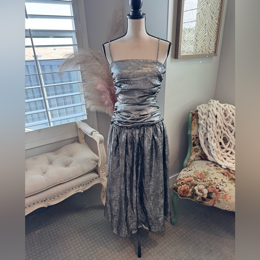 Anthropologie LAMAISÉ Studio Metallic Ruched Dress NWT $298 XS Silver - Picture 2 of 11